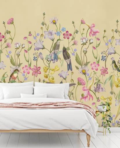 papier peint chinoiserie fleurs et oiseaux pastel