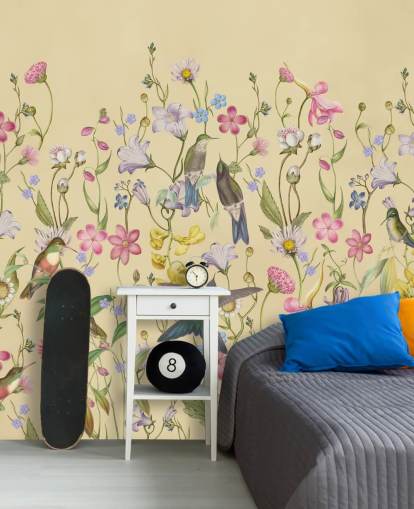 Chinoiserie Pastell Blumen und Vögel Tapete