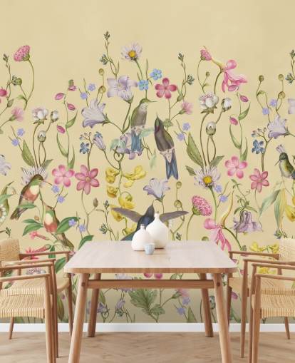 papel pintado chinoiserie pastel flores y pájaros