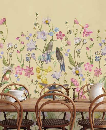 papier peint chinoiserie fleurs et oiseaux pastel