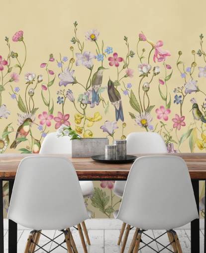papel de parede de flores e pássaros pastel chinoiserie