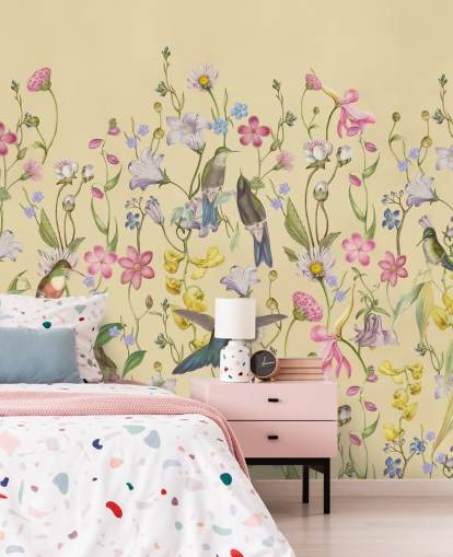 papel pintado chinoiserie pastel flores y pájaros