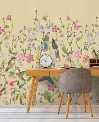 papel pintado chinoiserie pastel flores y pájaros