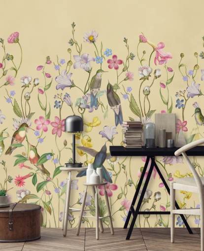 chinoiserie pastel flowers and birds wallpaper