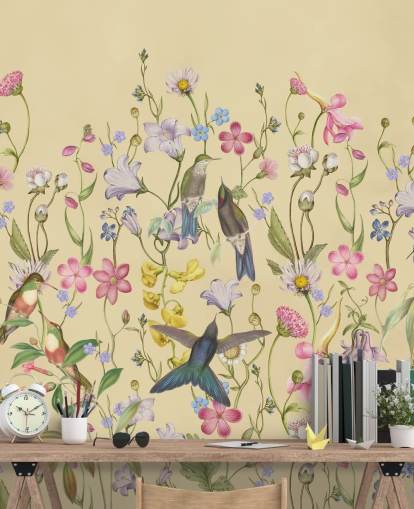 papel pintado chinoiserie pastel flores y pájaros