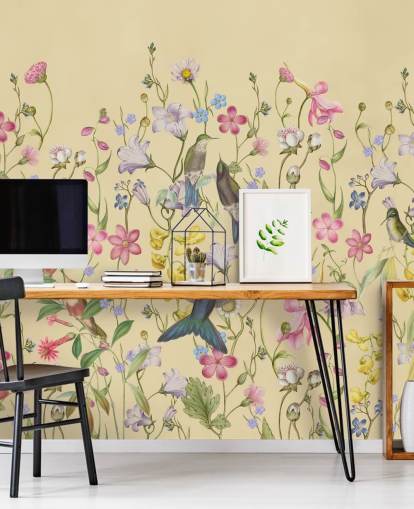 papier peint chinoiserie fleurs et oiseaux pastel