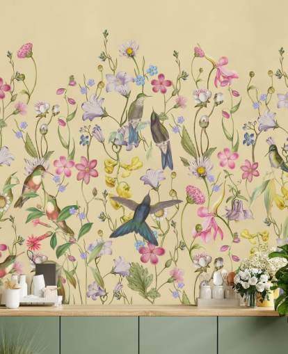 chinoiserie pastel flowers and birds wallpaper