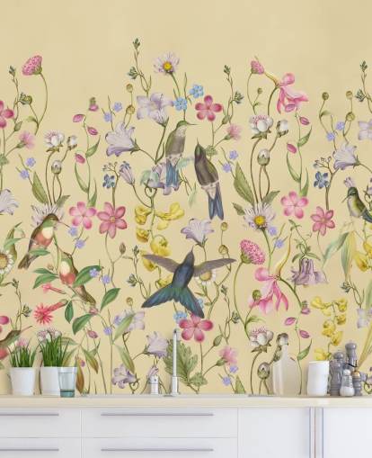 chinoiserie pastel bloemen en vogels behang