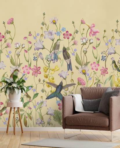 chinoiserie pastel flowers and birds wallpaper