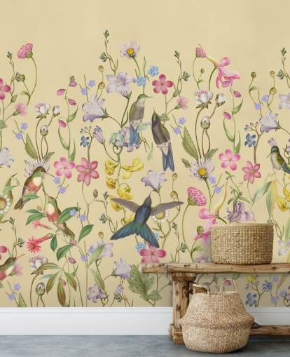 chinoiserie pastel flowers and birds wallpaper
