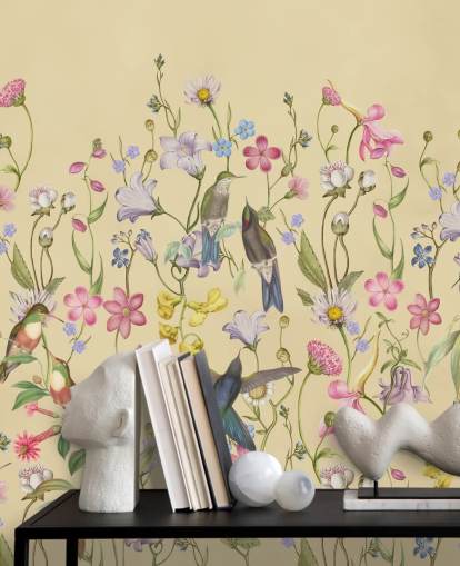 papel de parede de flores e pássaros pastel chinoiserie