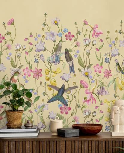chinoiserie pastel bloemen en vogels behang