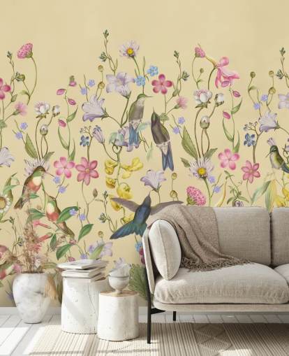 Chinoiserie Pastell Blumen und Vögel Tapete