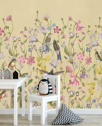 chinoiserie pastell blomster og fugler tapet