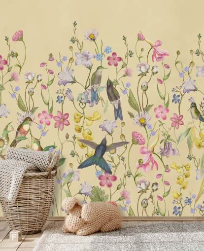 papel de parede de flores e pássaros pastel chinoiserie