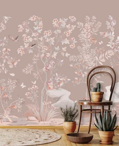 papel de parede chinoiserie rosa pastel