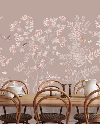 papel de parede chinoiserie rosa pastel