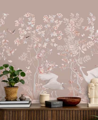 papel de parede chinoiserie rosa pastel