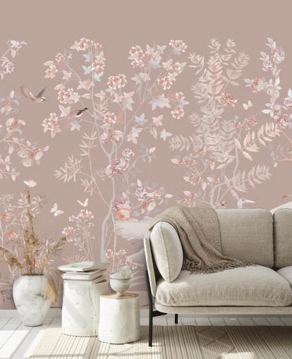 papier peint chinoiserie rose pastel