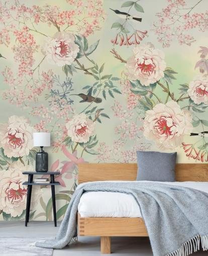 pastel blomster og fugle tapet