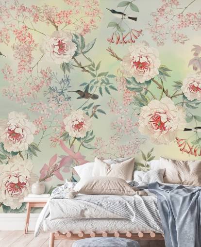 pastell blomster og fugler tapet