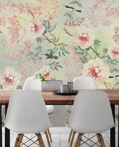 papel pintado de flores y pájaros pastel