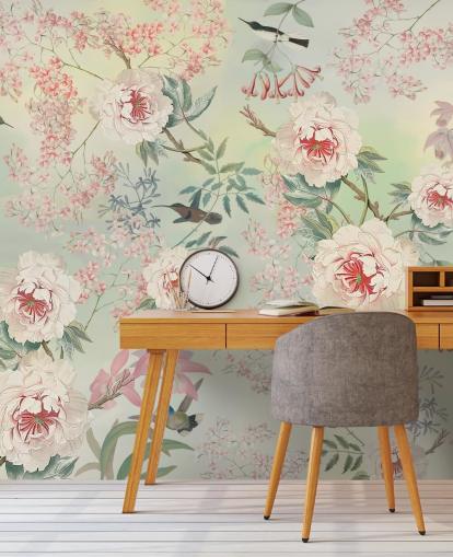 pastell blomster og fugler tapet