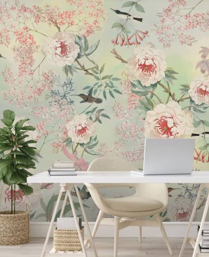 papel pintado de flores y pájaros pastel