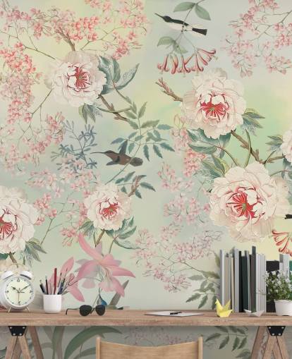 pastel flowers and birds wallpaper