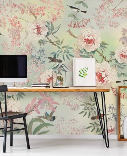 papier peint fleurs et oiseaux pastel
