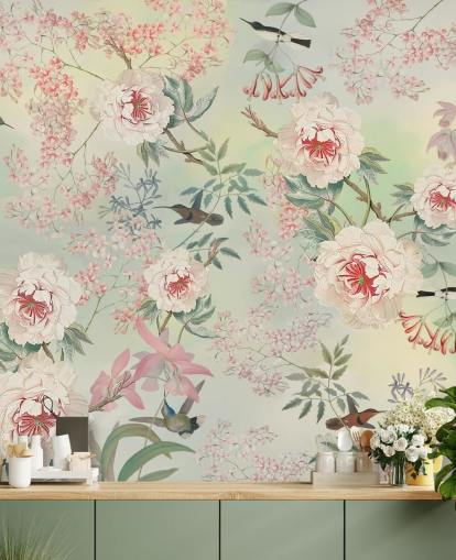 pastell blomster og fugler tapet