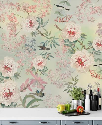 papel de parede de flores e pássaros pastel