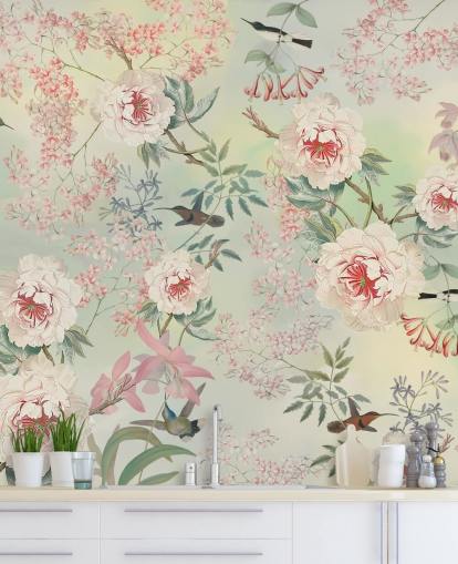 pastel flowers and birds wallpaper