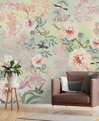pastel blomster og fugle tapet