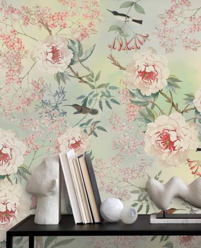 papel pintado de flores y pájaros pastel