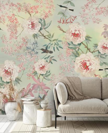 pastel flowers and birds wallpaper