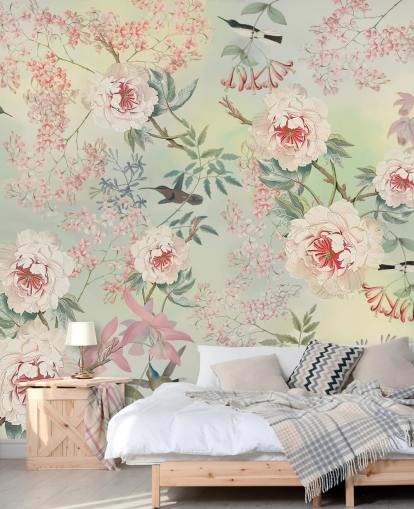 papel de parede de flores e pássaros pastel