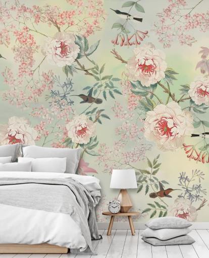 pastel flowers and birds wallpaper