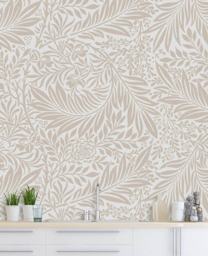 Carta da parati beige con motivo Larkspur di William Morris