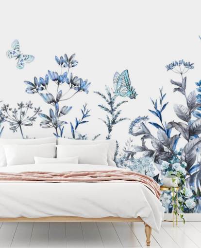 blauw en wit bloemenbehang