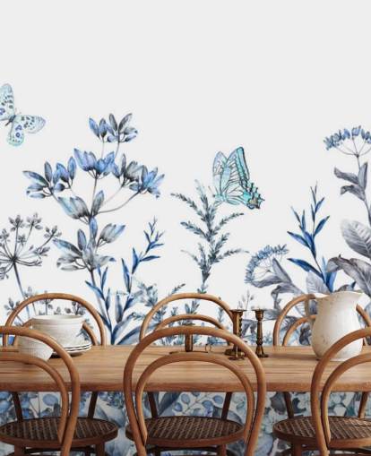 papel pintado floral azul y blanco