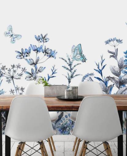 blå og hvit floral tapet