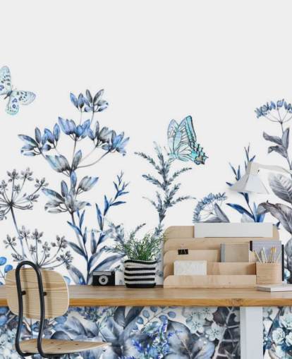 blaue und weiße Blumentapete