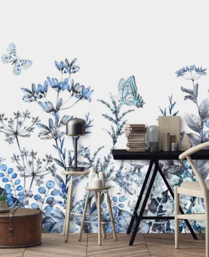 papel pintado floral azul y blanco