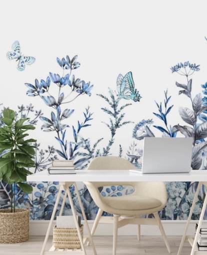 papel de parede floral azul e branco