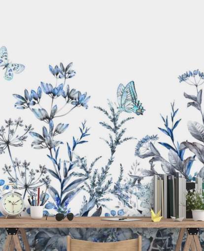 papel pintado floral azul y blanco