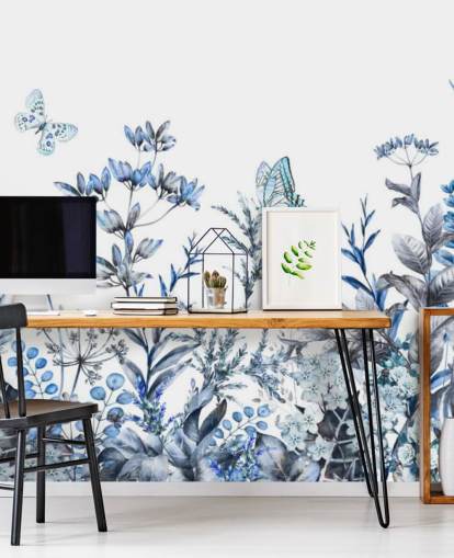 papel de parede floral azul e branco