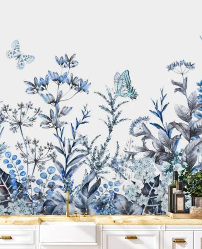 blaue und weiße Blumentapete