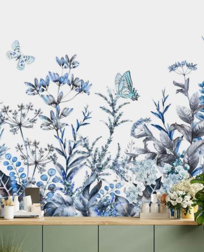 papel pintado floral azul y blanco