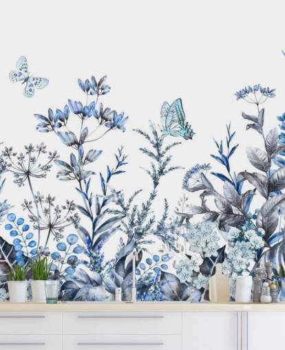 papier peint floral bleu et blanc